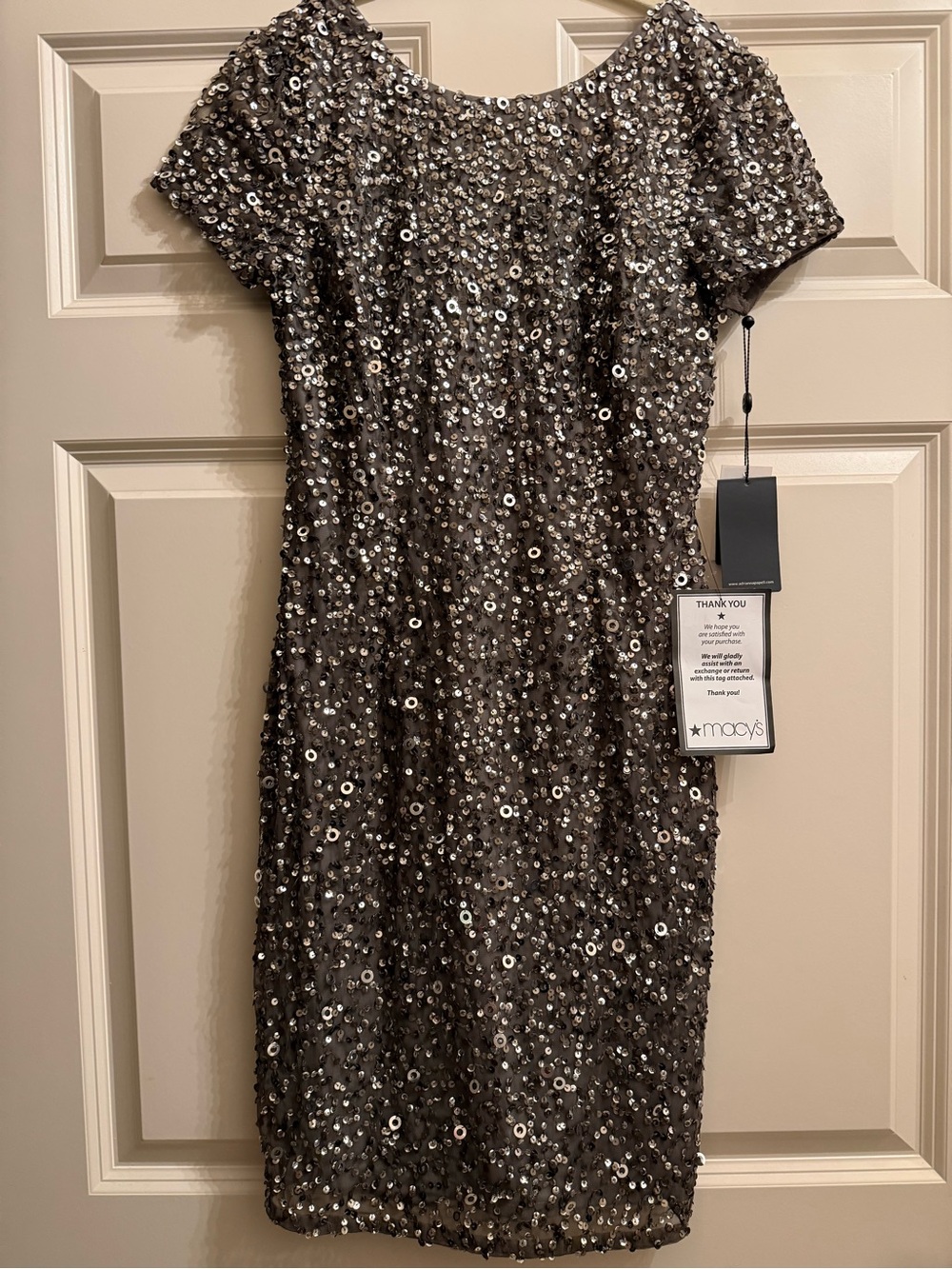 Adrianna Papell Silver Sequin Short-Sleeve Midi sheath Dress